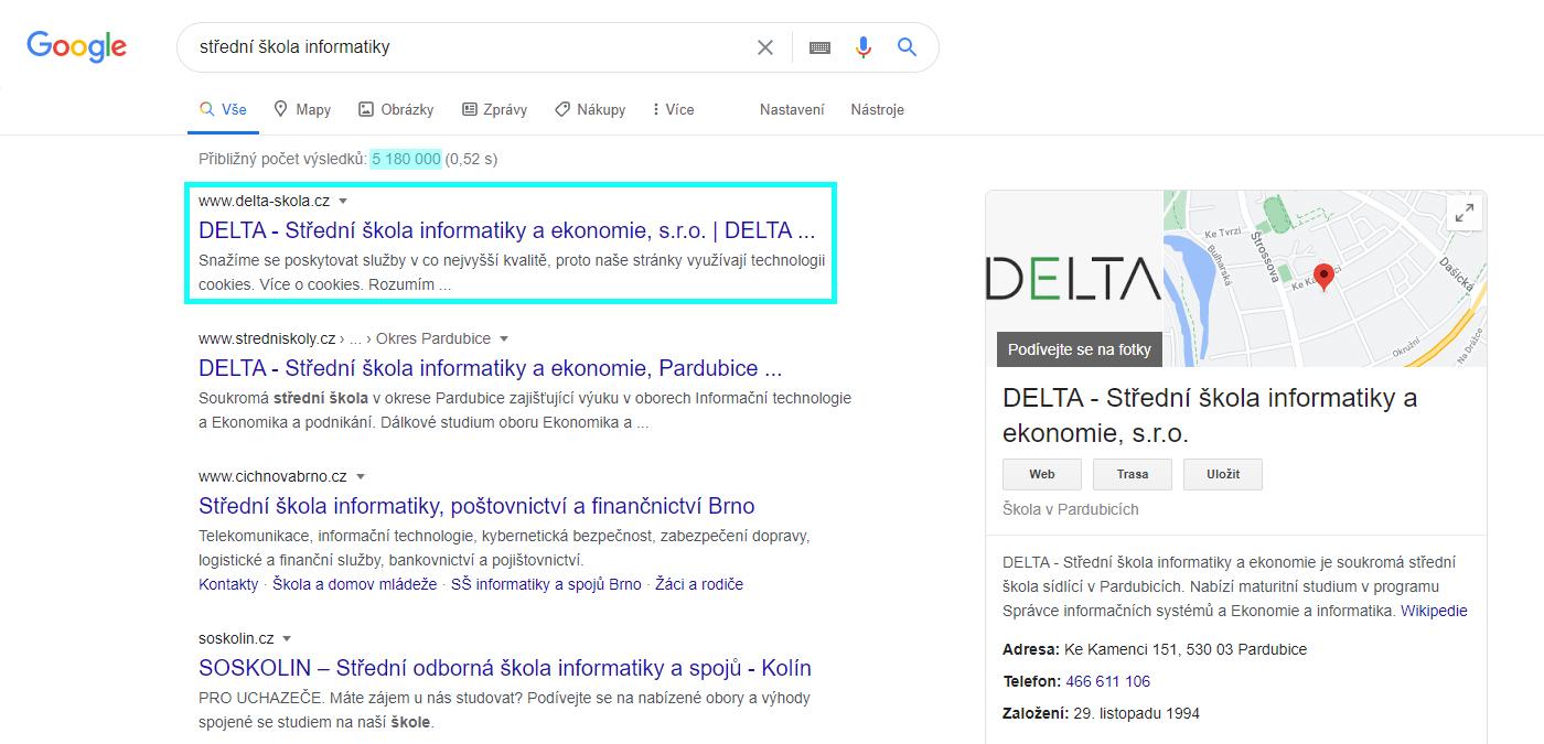 Výsledky hledání na Googlu pro soukromou střední školu DELTA v Pardubicích